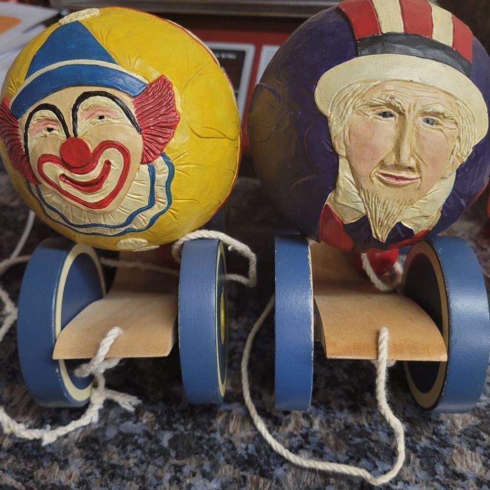 Signed BRIERE Folk Art Pull Toy 1988 Circus Clown and Uncle Sam Ball with Cart C